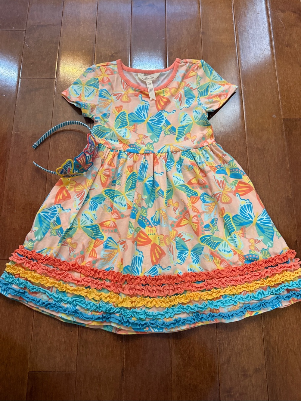Matilda Jane Coral Butterfly Ruffle Dress with Blue and Yellow Accents